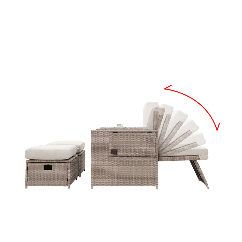 5-Piece Rattan Sofa Set Storage Daybed Set Sun Lounger with Hidden Storage Retractable Side Tray