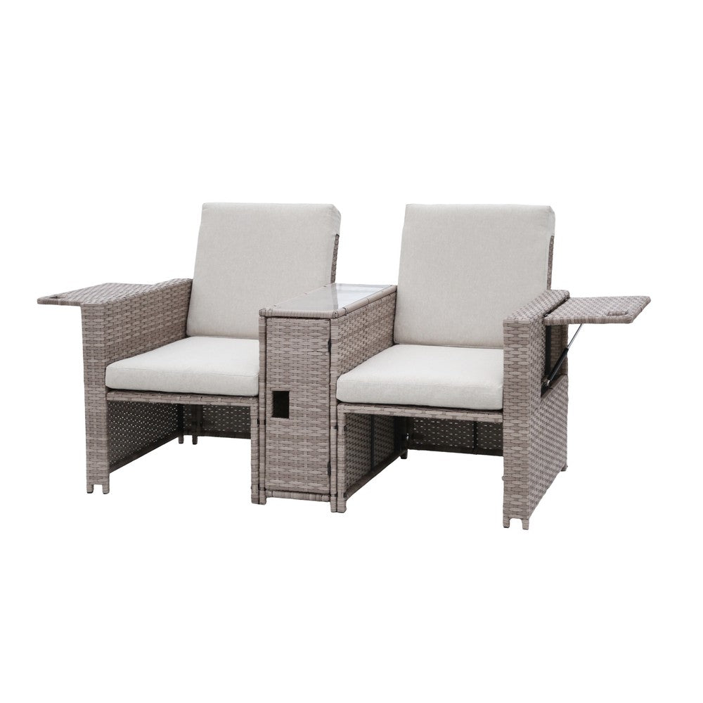 5-Piece Rattan Sofa Set Storage Daybed Set Sun Lounger with Hidden Storage Retractable Side Tray