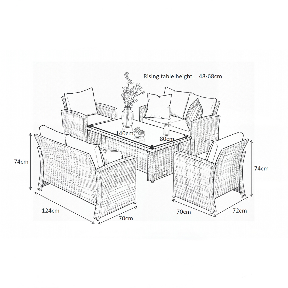 Outdoor Garden 6 Seater Rattan Seater Sofa Set With Lift Up Dining Table