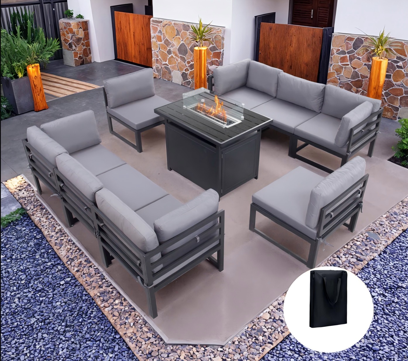 Hamburg Outdoor 8-Seater Garden Modular Aluminum Dining Set With Fire Pit Table