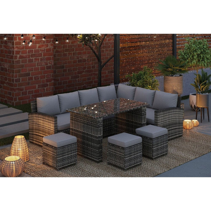 Rosen 9 Seater Rattan Garden Furniture Right Facing Corner Sofa Dining Set In Grey