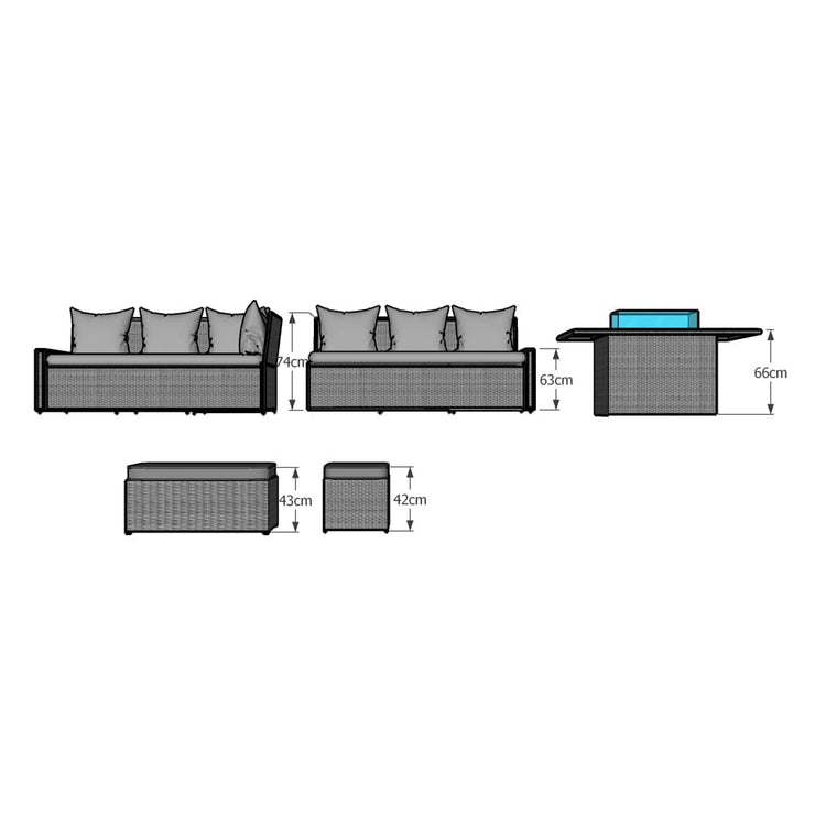 Rosen 9 Seater Rattan Garden Furniture Corner Sofa Set with Fire pit Dining Table and Storage Box in Grey