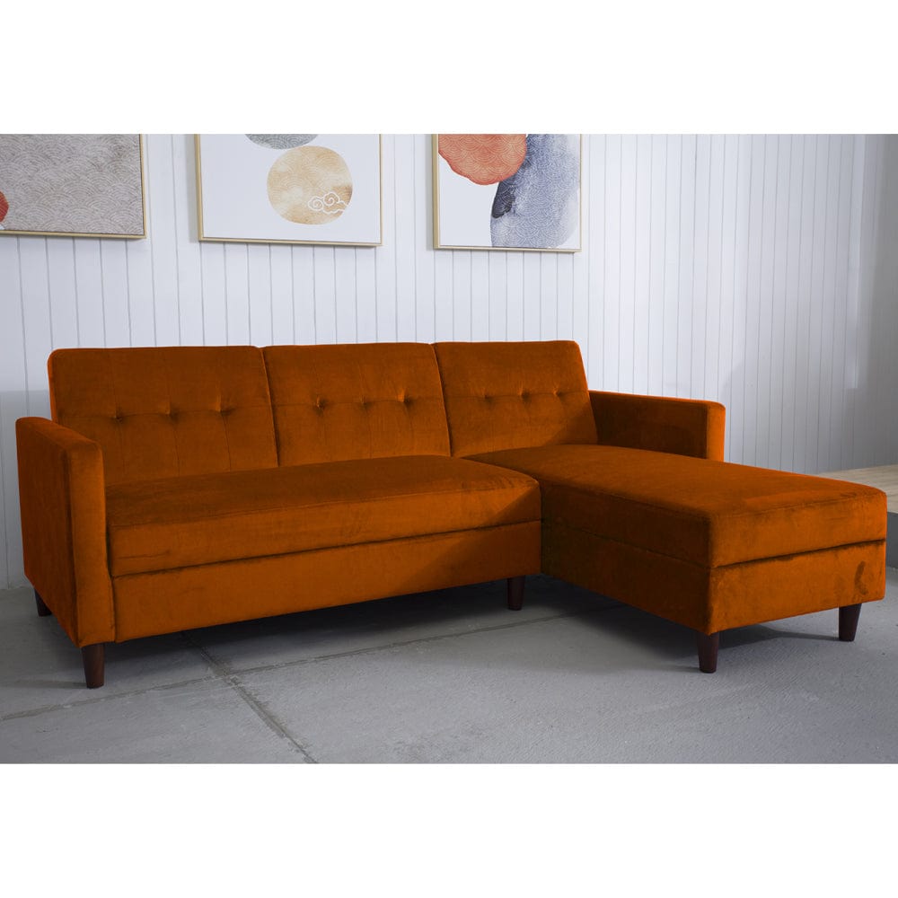 Destin Reversible Orange Velvet Corner Sofa With Storage Chaise and Ot