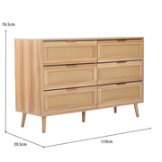 Retro Oak Rattan Chest of Drawer Sideboard Side Cabinet