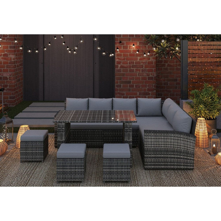 Rosen 9 Seater Rattan Garden Furniture Right Facing Corner Sofa Dining Set In Grey