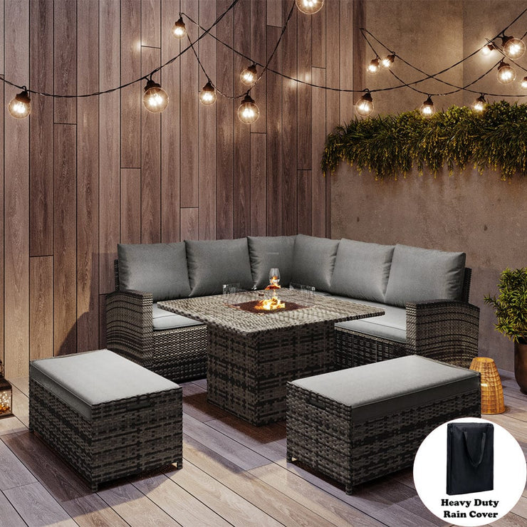 Rosen Rattan Garden Furniture 9 Seater Corner Sofa Set with Fire pit Dining Table in Grey