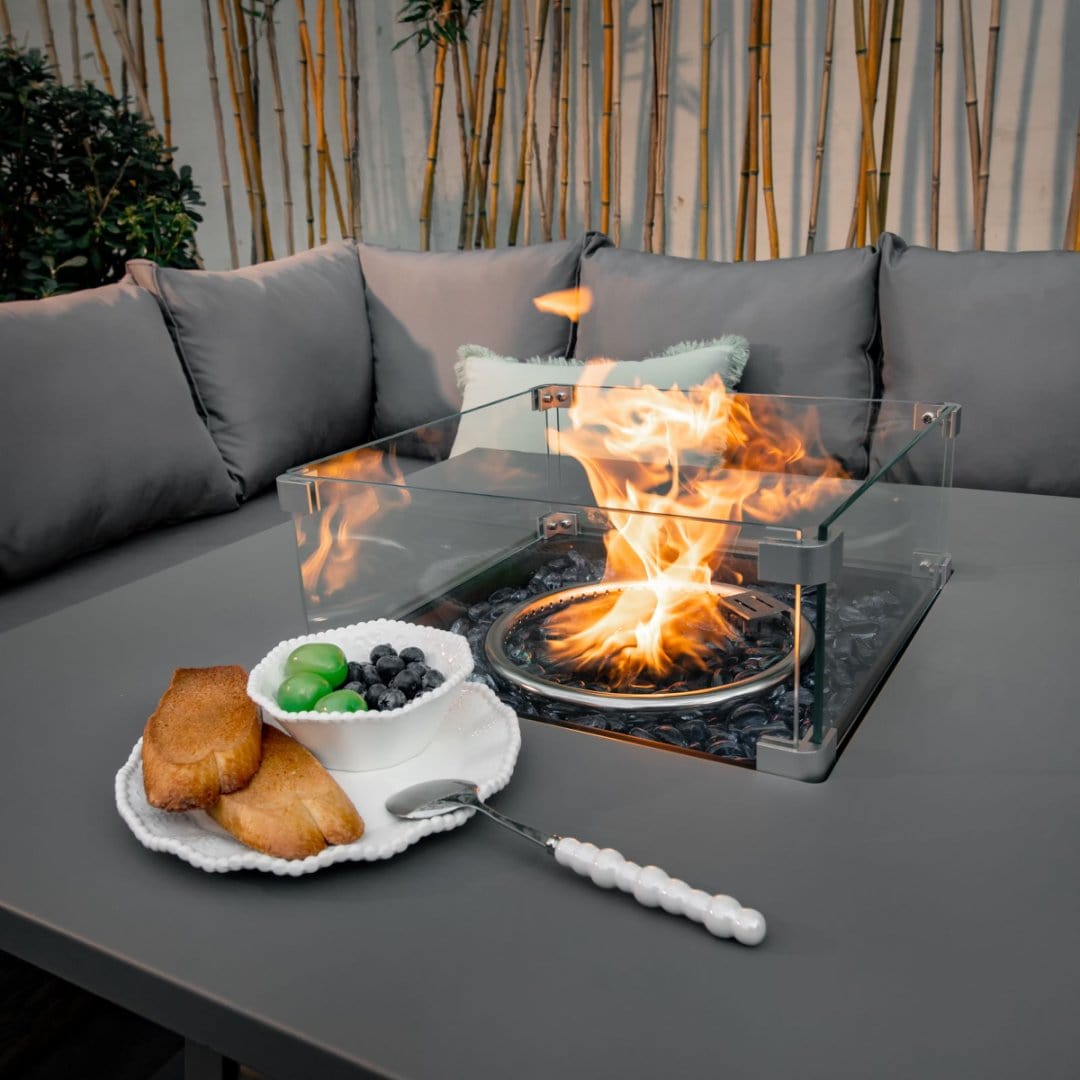 Rosen 9 Seater Fire Pit Rattan Garden Furniture Corner Sofa Cube Set With 2 Benches In Grey