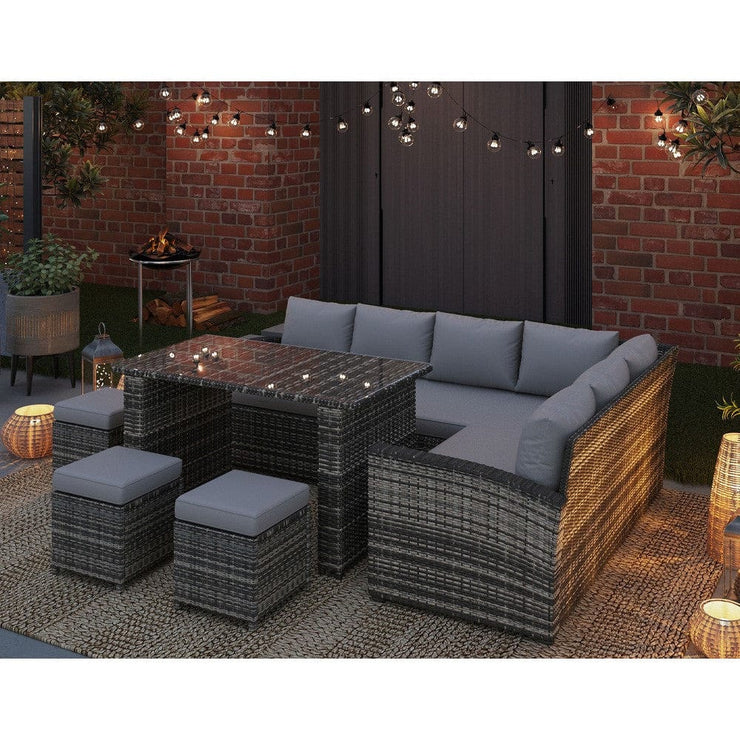 Rosen 9 Seater Rattan Garden Furniture Right Facing Corner Sofa Dining Set In Grey
