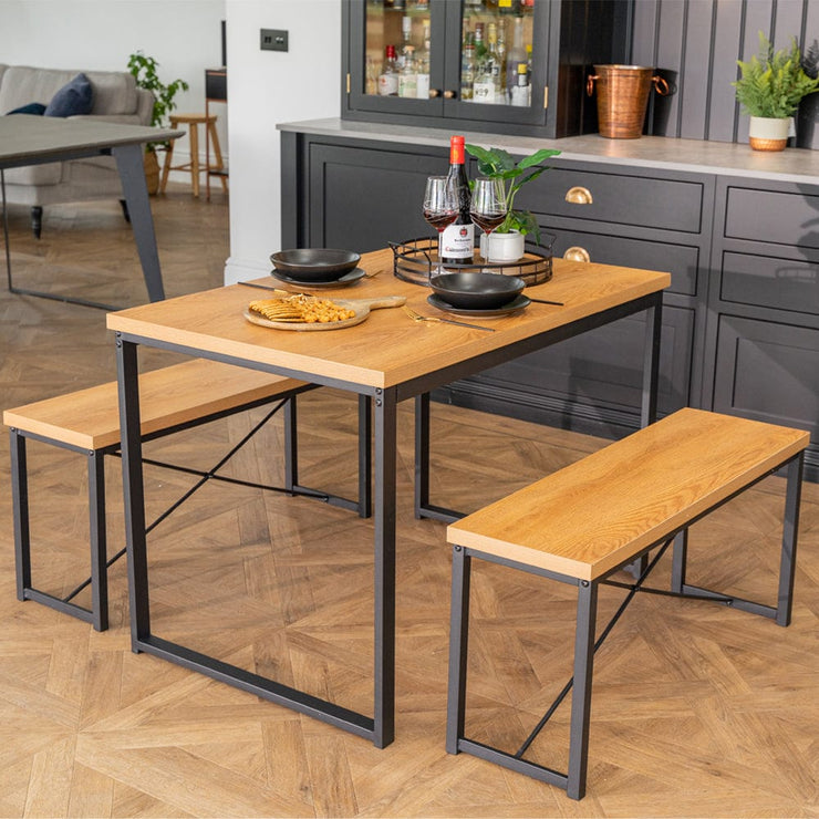 Belluno Industrial Style Dining Table Set with 2 Benches