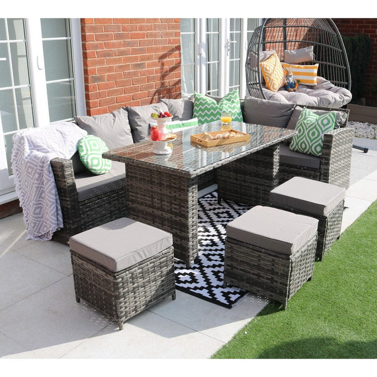 Rosen 9 Seater Rattan Garden Furniture Right Facing Corner Sofa Dining Set In Grey