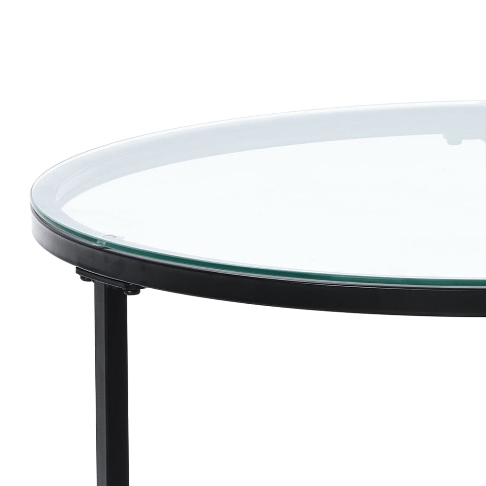 Boho Set of 2 Nesting Round End Side Coffee Tables With Glass And Rattan Top