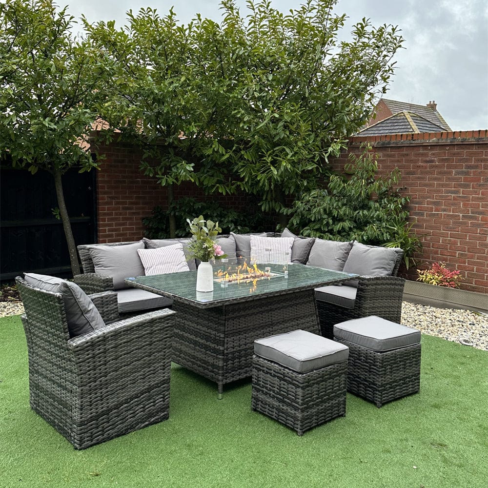 Rosen 9 Seater Rattan Garden Furniture Corner Sofa Fire Pit Set with Armchair and Stools