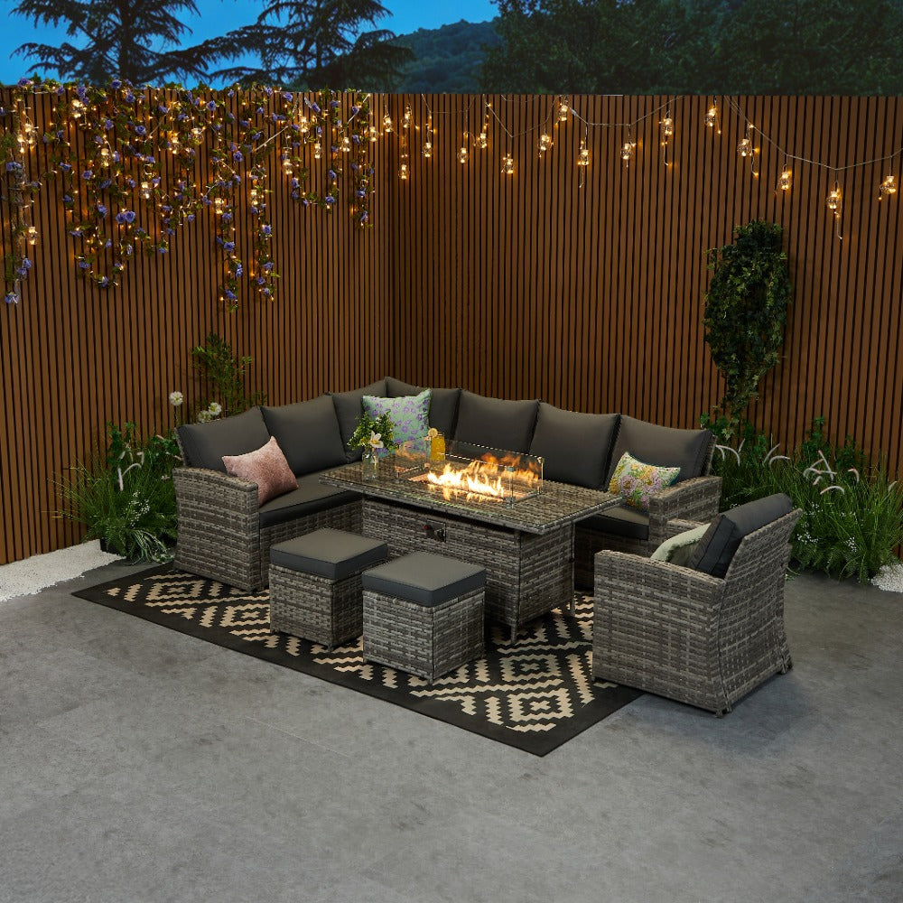 Rosen 9 Seater Rattan Garden Furniture Corner Sofa Fire Pit Set with Armchair and Stools