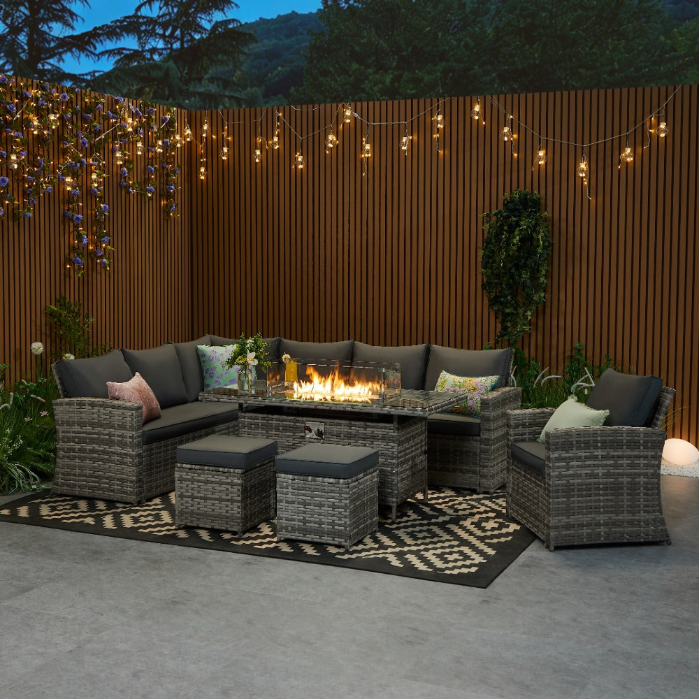 Rosen 9 Seater Rattan Garden Furniture Corner Sofa Fire Pit Set with Armchair and Stools