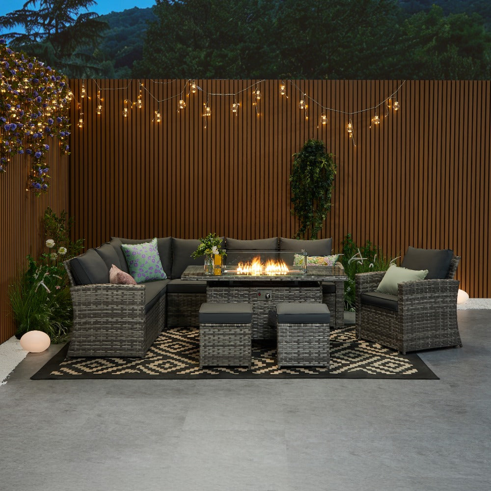 Rosen 9 Seater Rattan Garden Furniture Corner Sofa Fire Pit Set with Armchair and Stools