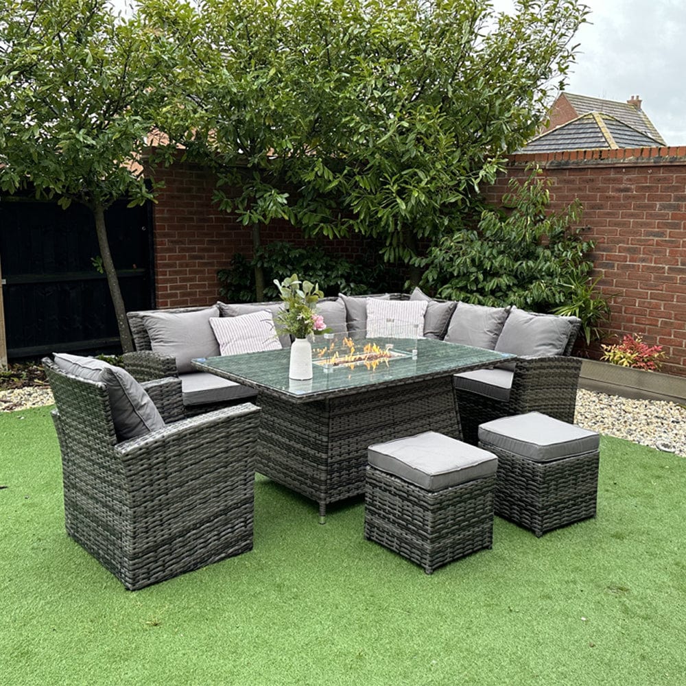 Rosen 9 Seater Rattan Garden Furniture Corner Sofa Fire Pit Set with Armchair and Stools