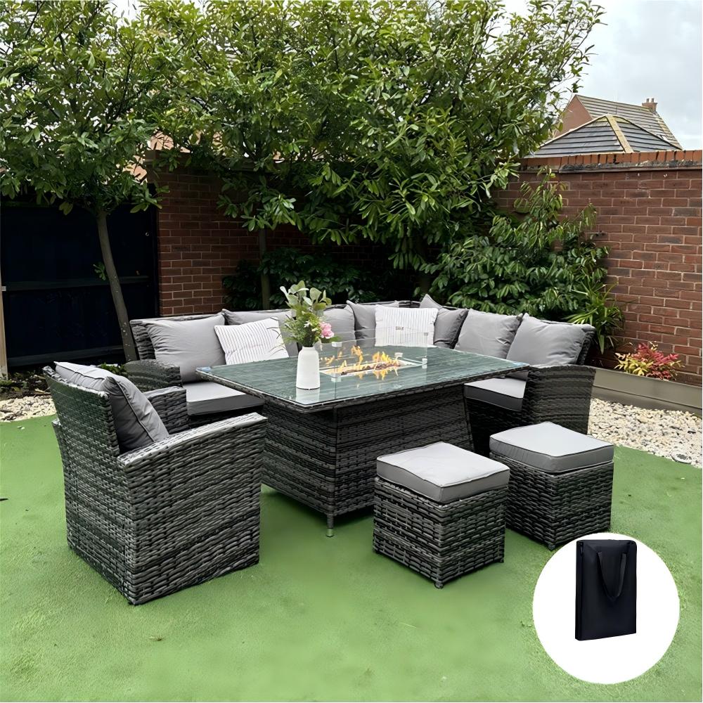Rosen 9 Seater Rattan Garden Furniture Corner Sofa Fire Pit Set with Armchair and Stools