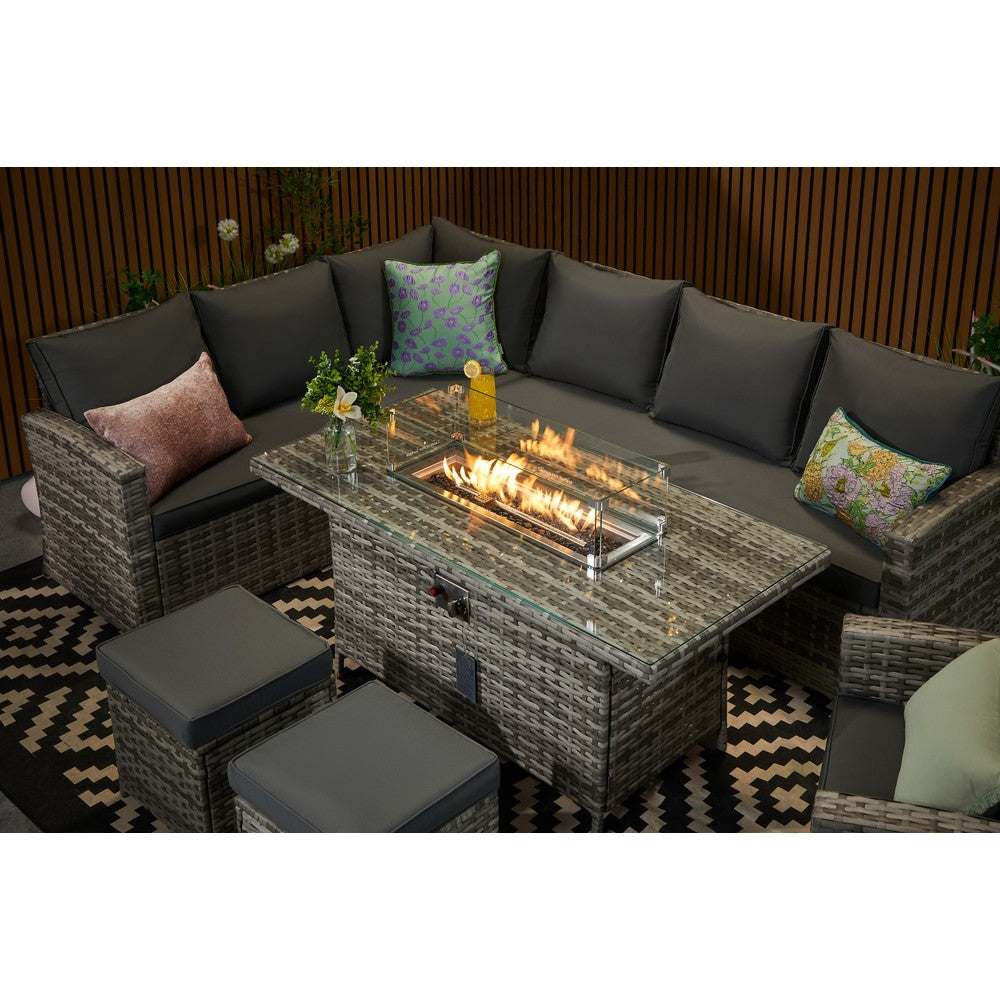 Rosen 9 Seater Rattan Garden Furniture Corner Sofa Fire Pit Set with Armchair and Stools