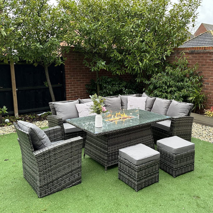 Rosen 9 Seater Rattan Garden Furniture Corner Sofa Fire Pit Set with Armchair and Stools