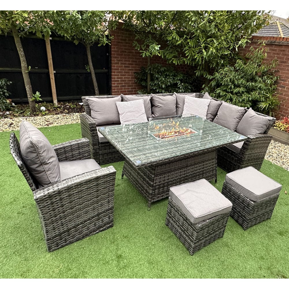 Rosen 9 Seater Rattan Garden Furniture Corner Sofa Fire Pit Set with Armchair and Stools