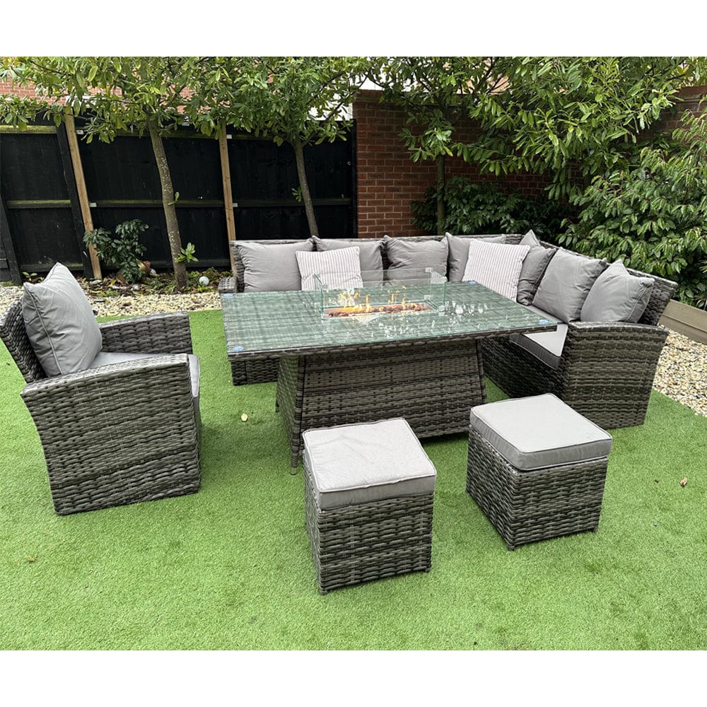 Rosen 9 Seater Rattan Garden Furniture Corner Sofa Fire Pit Set with Armchair and Stools