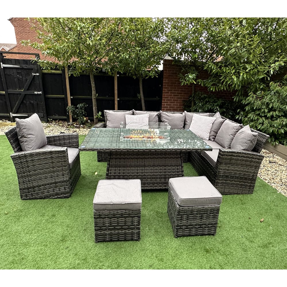 Rosen 9 Seater Rattan Garden Furniture Corner Sofa Fire Pit Set with Armchair and Stools