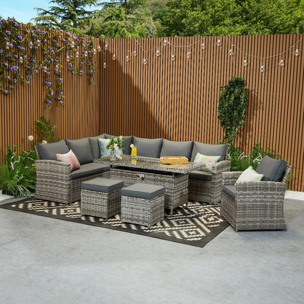 Rosen 9 Seater Rattan Garden Furniture Corner Sofa Fire Pit Set with Armchair and Stools