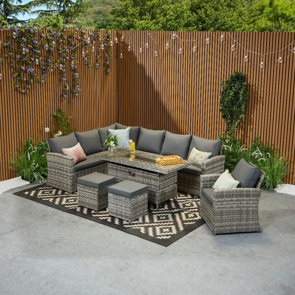 Rosen 9 Seater Rattan Garden Furniture Corner Sofa Fire Pit Set with Armchair and Stools