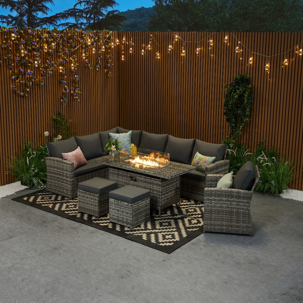 Rosen 9 Seater Rattan Garden Furniture Corner Sofa Fire Pit Set with Armchair and Stools