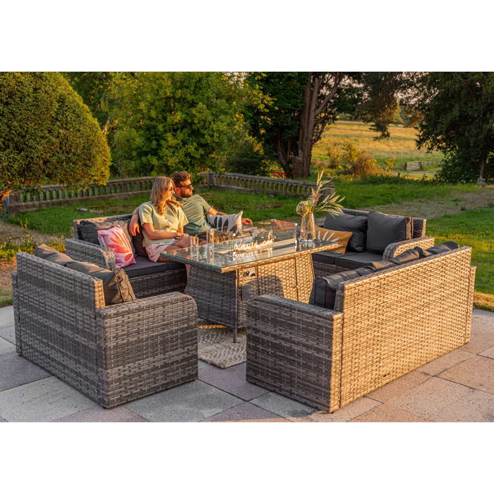 Lotus Outdoor 10 Seater Rattan Garden Sofa with Fire Pit Table Set