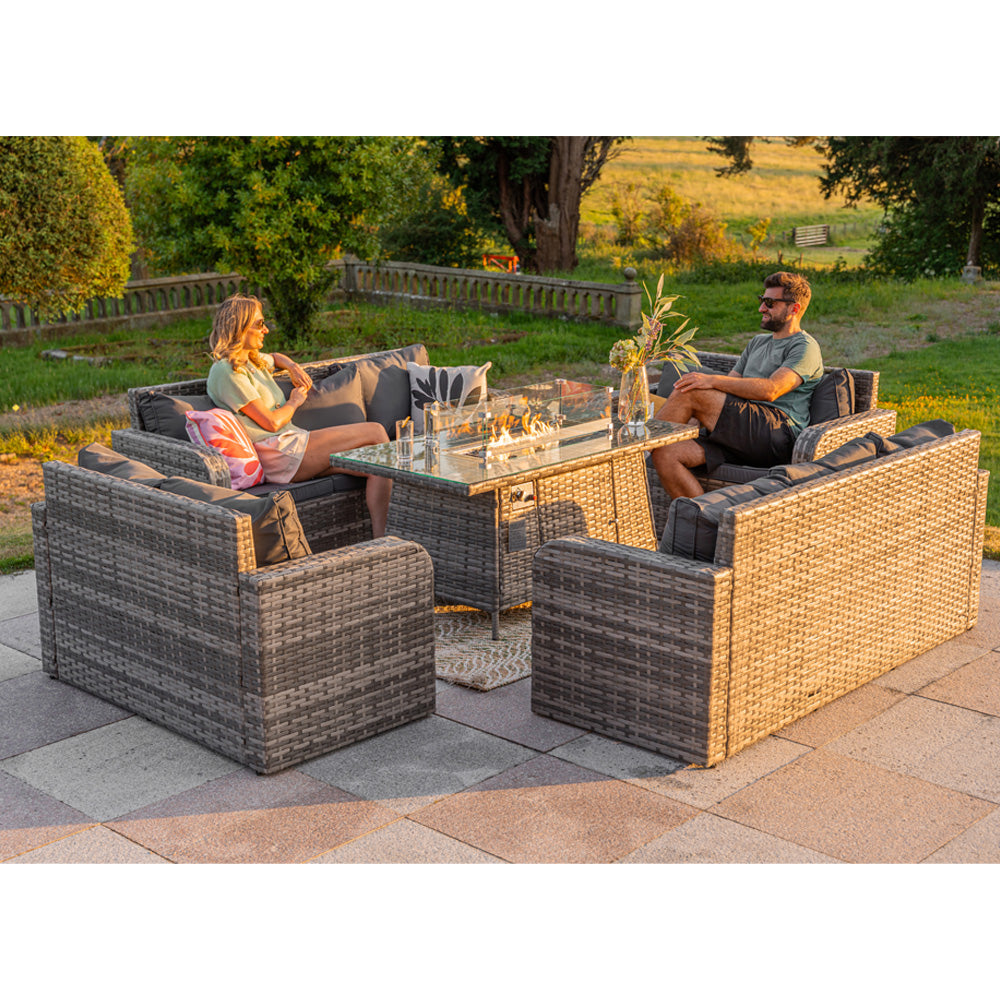 Lotus Outdoor 10 Seater Rattan Garden Sofa with Fire Pit Table Set