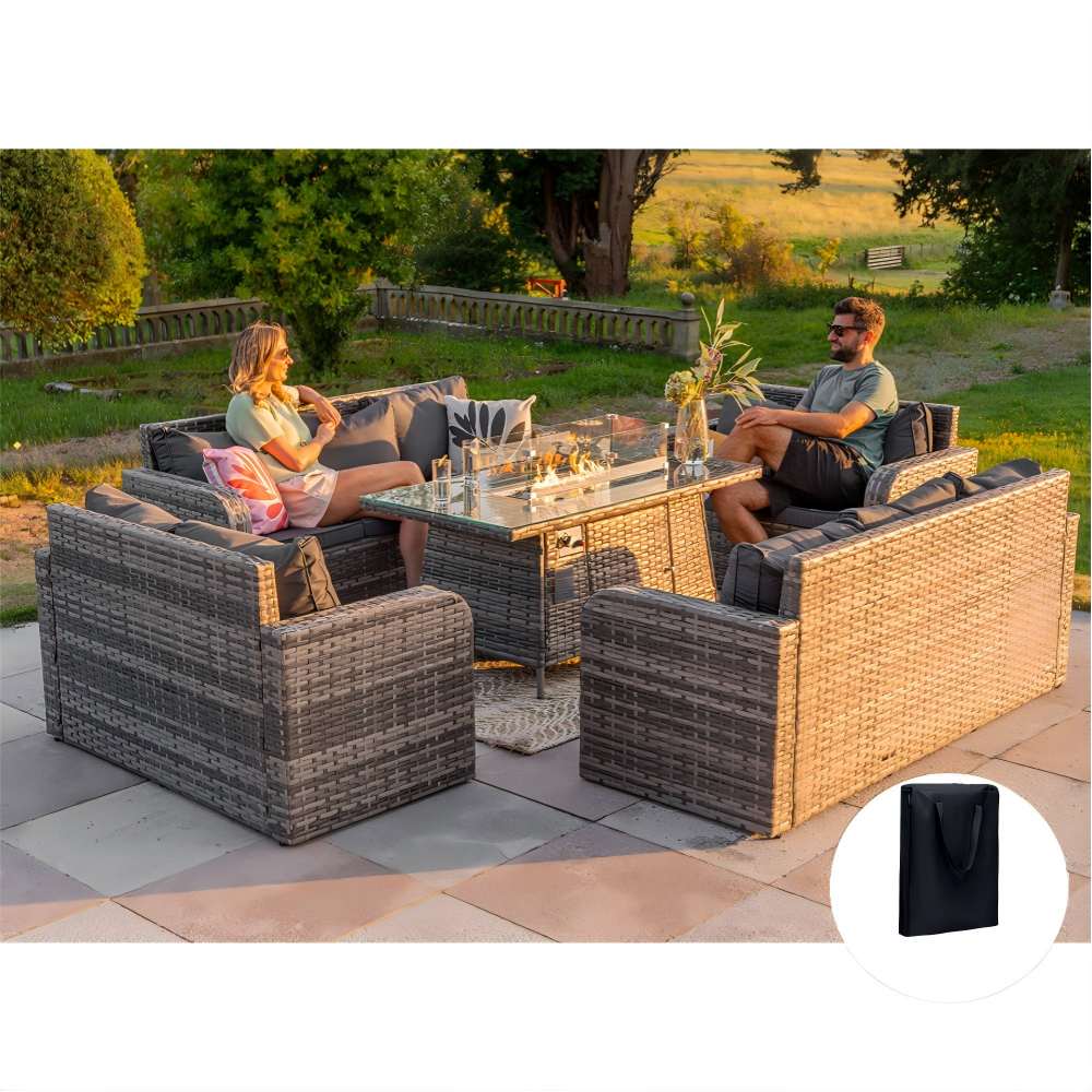 Lotus Outdoor 10 Seater Rattan Garden Sofa with Fire Pit Table Set