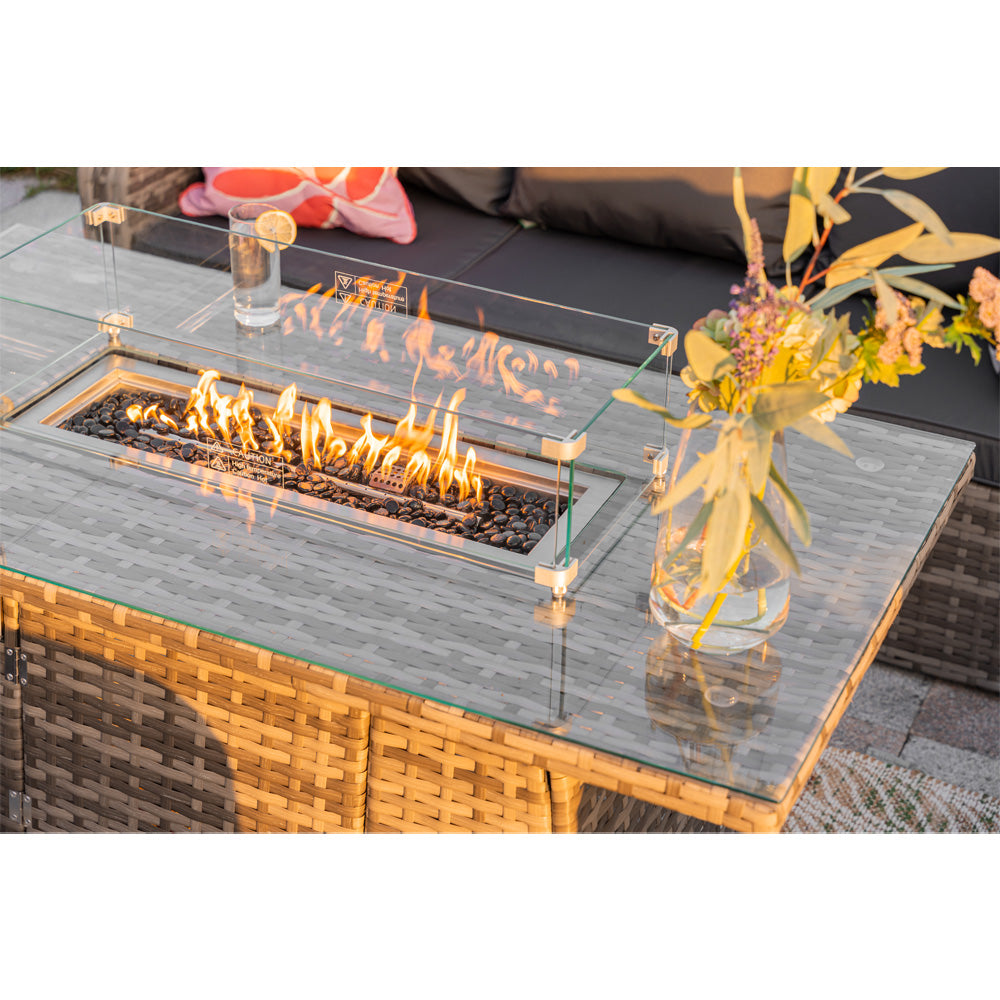 Lotus Outdoor 10 Seater Rattan Garden Sofa with Fire Pit Table Set