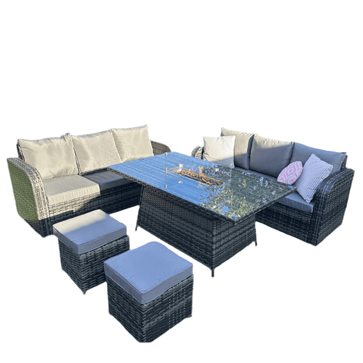 Lotus Outdoor 8 Seater Rattan Garden Sofa with Fire Pit Or Lift Up Table Set