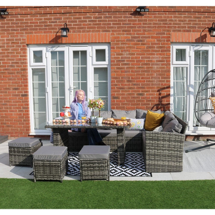 Rosen 9 Seater Rattan Garden Furniture Right Facing Corner Sofa Dining Set In Grey