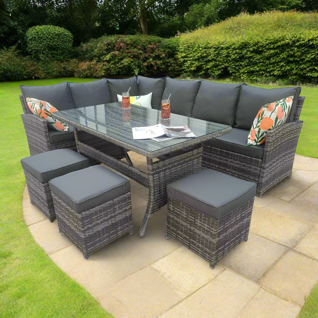 Rosen Seater Rattan Garden Furniture Corner Sofa Dining Set In Grey