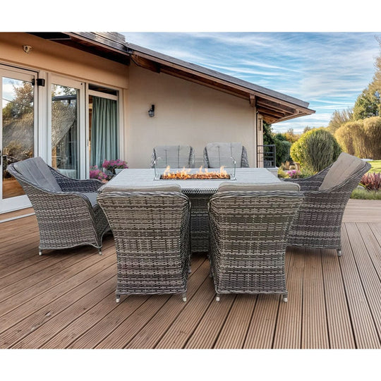Aura 6 Seater Rattan Garden Furniture With Round/Rectangle Table Fire Pit Set In Grey