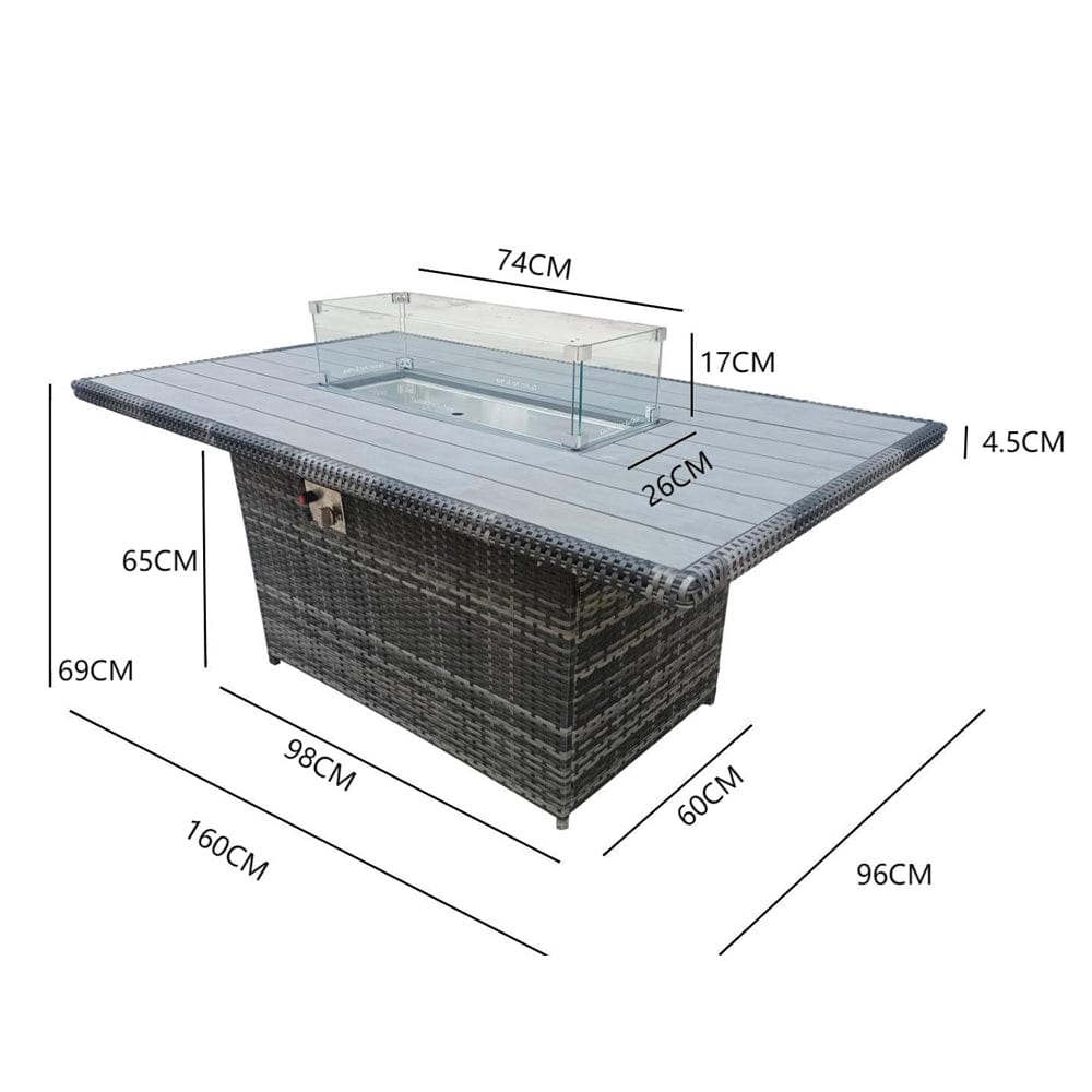 Aura 6 Seater Rattan Garden Furniture With Round/Rectangle Table Fire Pit Set In Grey