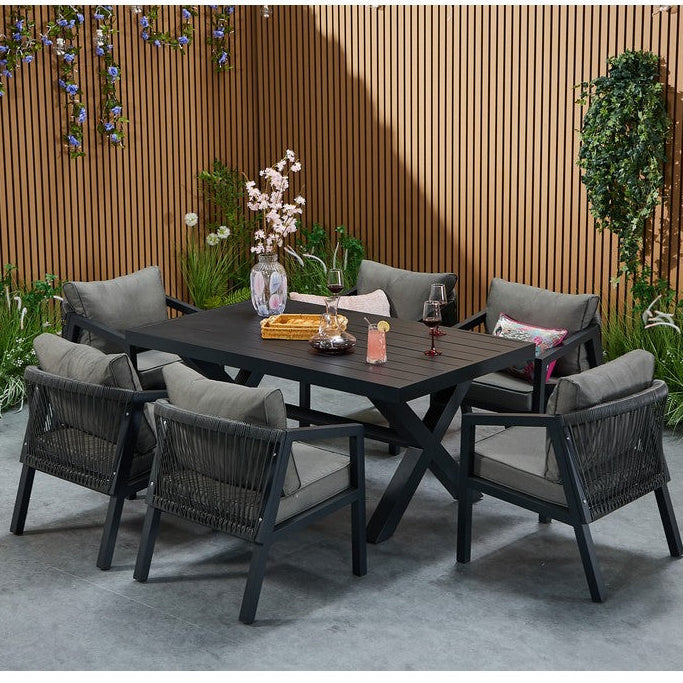 Berlin 6 seater Aluminium & Rope Patio Garden Furniture Set with Firepit Table Option