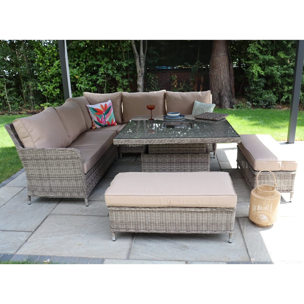 Outdoor Rattan Garden Furniture 9 Seater Corner Sofa Rising Table Set With Ice Bucket
