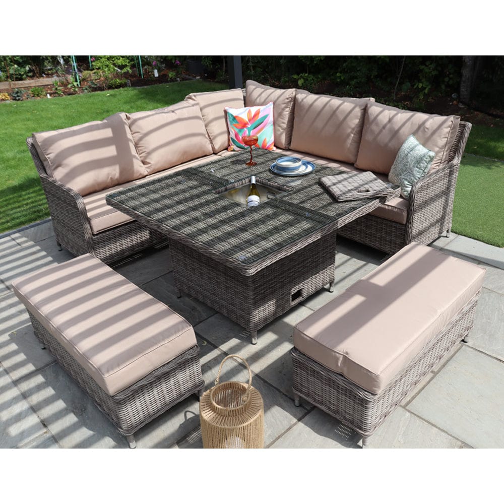 Outdoor Rattan Garden Furniture 9 Seater Corner Sofa Rising Table Set With Ice Bucket