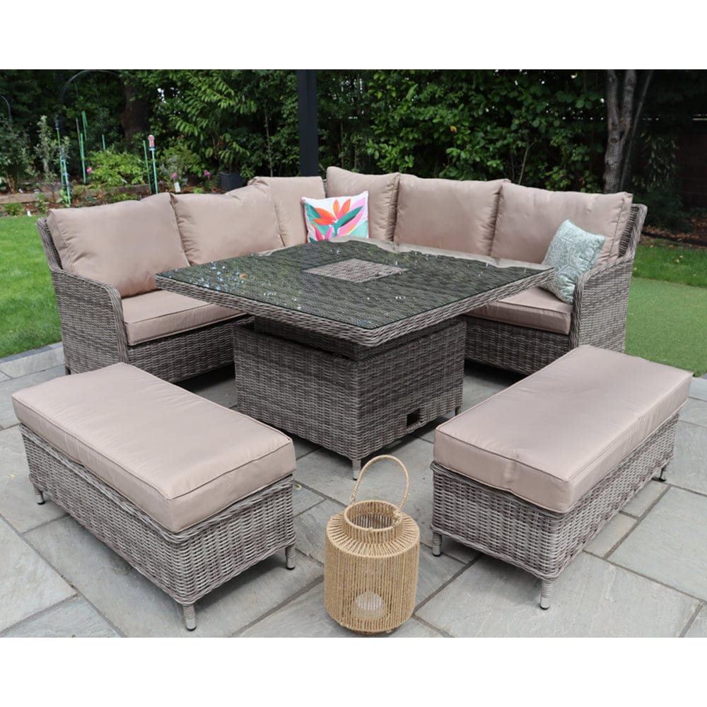 Outdoor Rattan Garden Furniture 9 Seater Corner Sofa Rising Table Set With Ice Bucket
