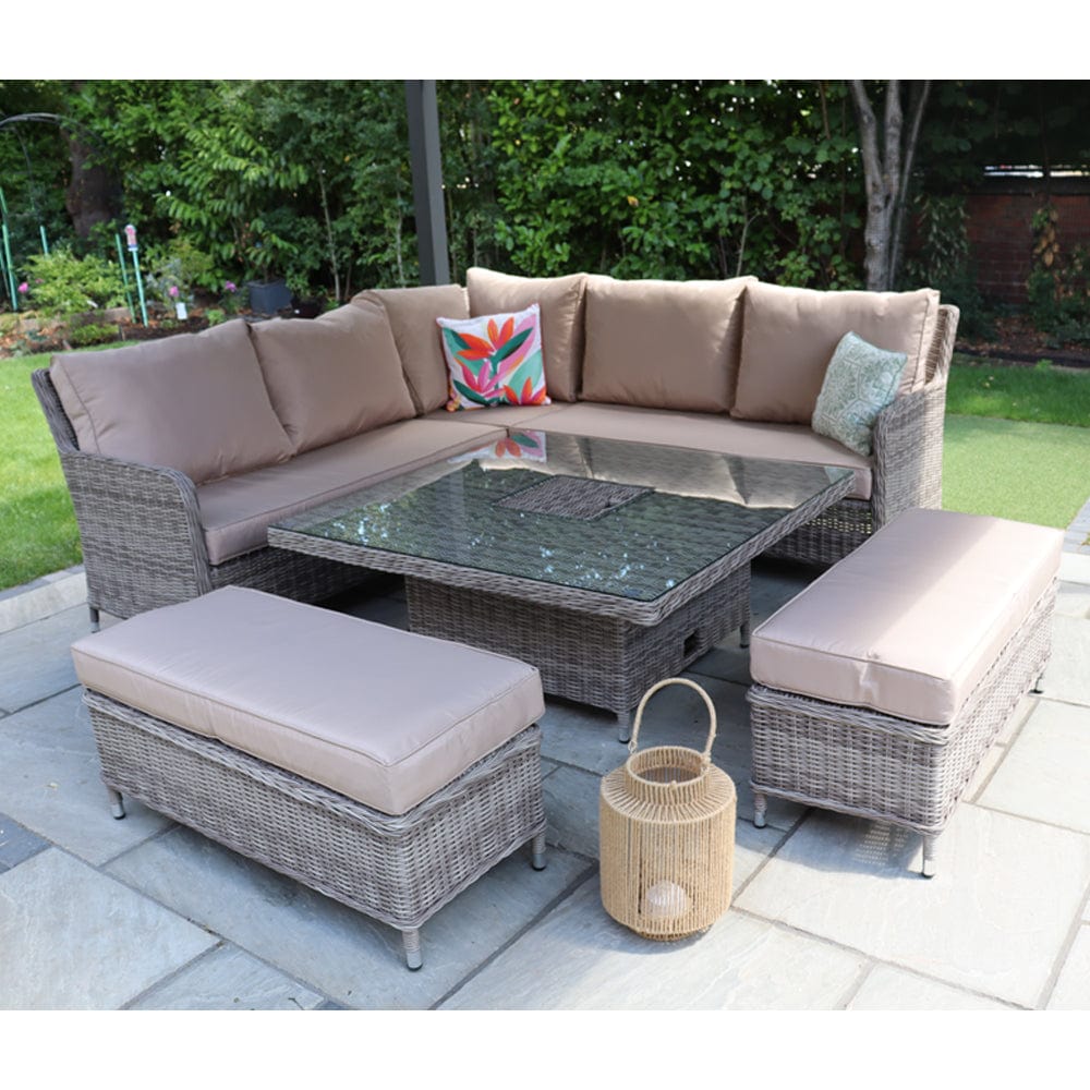 Outdoor Rattan Garden Furniture 9 Seater Corner Sofa Rising Table Set With Ice Bucket