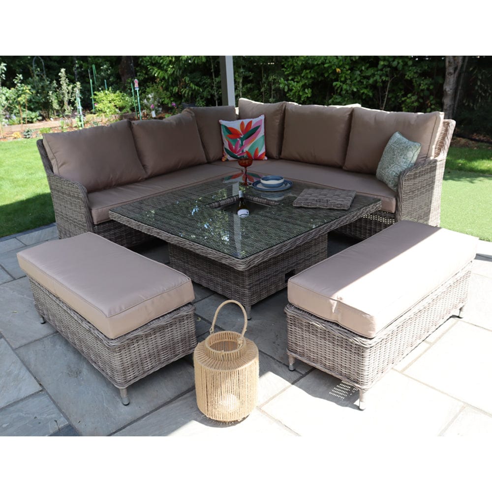 Outdoor Rattan Garden Furniture 9 Seater Corner Sofa Rising Table Set With Ice Bucket