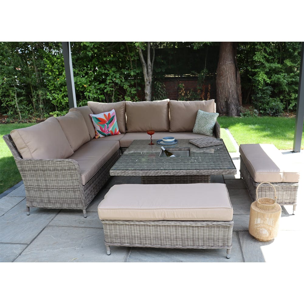 Outdoor Rattan Garden Furniture 9 Seater Corner Sofa Rising Table Set With Ice Bucket