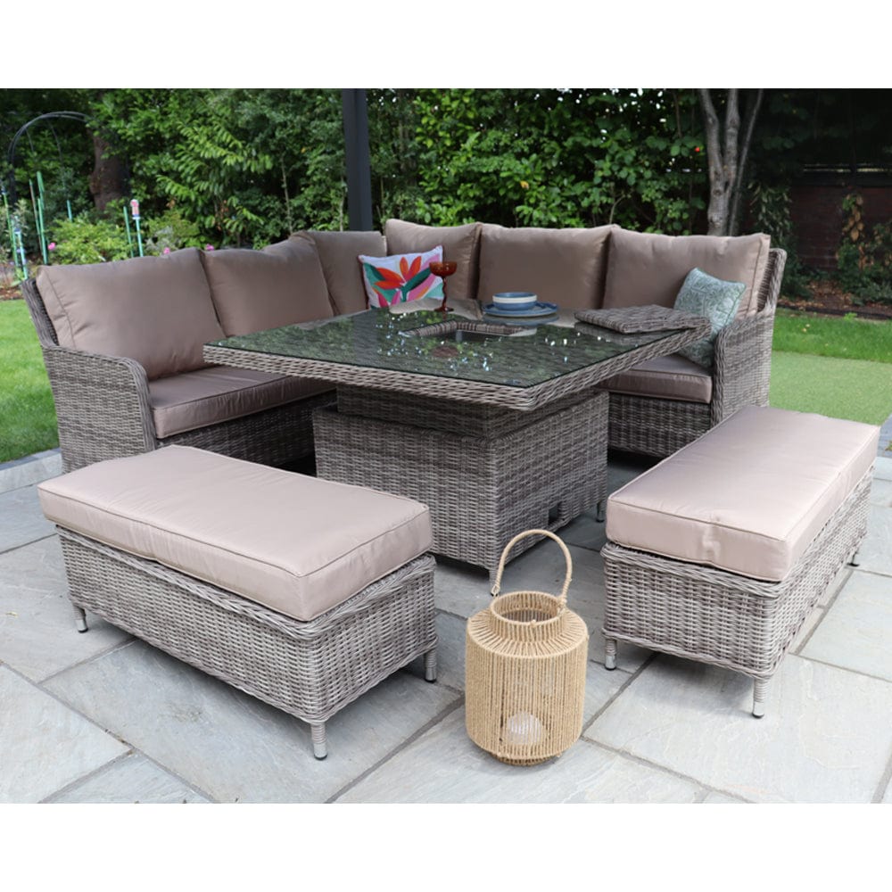 Outdoor Rattan Garden Furniture 9 Seater Corner Sofa Rising Table Set With Ice Bucket