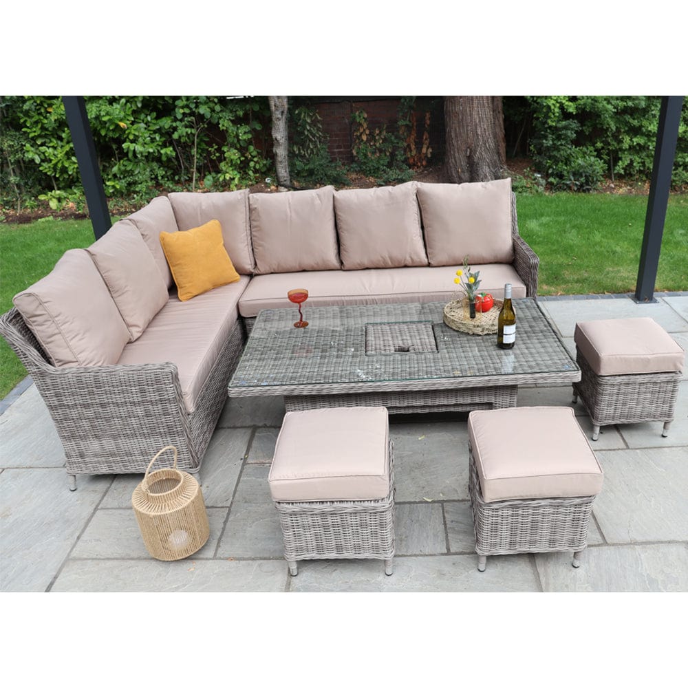 Outdoor Rattan 9 Seater Oxford Corner Dining Set With Ice Bucket and Rising Table