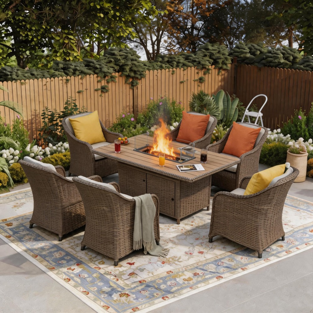 Outdoor 6 Seater Dining Set with Rectangular Fire Pit Table