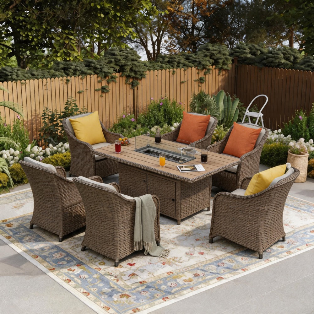 Outdoor 6 Seater Dining Set with Rectangular Fire Pit Table