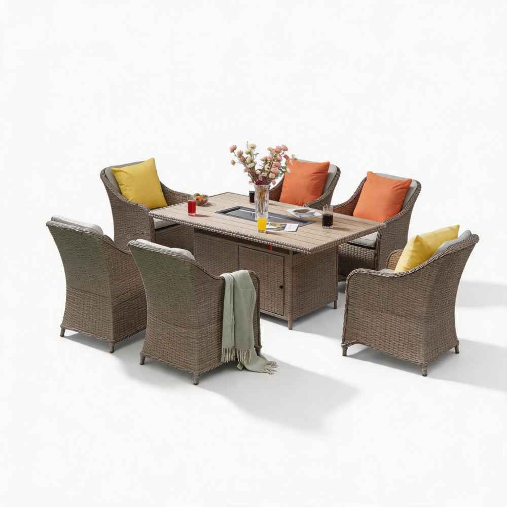 Outdoor 6 Seater Dining Set with Rectangular Fire Pit Table